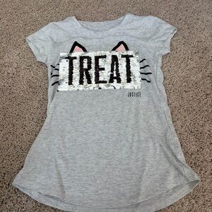 Justice Halloween Trick or Treat Flip Sequins Light Gray Cat Ear T-Shirt